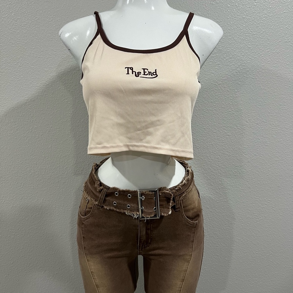 Cream and Brown Crop Top with Embroidered Text
